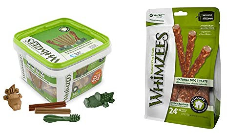 WHIMZEES Gemischte Vielfaltsbox, natürliche, getreidefreie Zahnpflegesnacks, Kaustangen für kleine Hunde, 56 Stück & Veggie-Wurst, natürliche, getreidefreie Zahnpflegesnacks, 28 Stück, Größe S