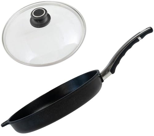 BAF Bratpfanne Ø 28 cm mit Deckel (Set) - flacher Rand - große runde beschichtete Pfanne beschichtet Aluminiumguss - ohne Induktion - Made in Germany