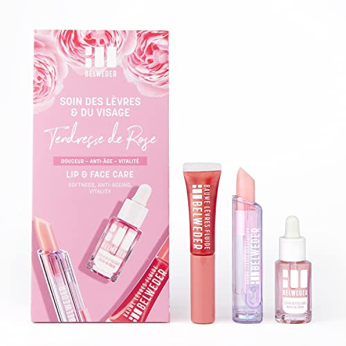 BELWEDER - Coffret Soin des Lèvres et du Visage Tendresse de Rose - 1 Sérum Revitalisant + 1 Stick à Lèvres + 1 Baume Fluide - Huile de Rose de Damas