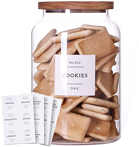 1 Gallon Large Glass Cookie jar with Airtight Acacia lids - Thicken Big Food Storage Containers with 42 Kitchen Waterproof Pantry Labels Preprinted - Clear Glass Canister for Flour, Rice, Coffee