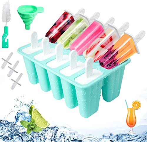 Eisformen Silikon, 10 Hohlräume Eis Am Stiel Formen, Antihaftend DIY Amüsant Eis Form, Eis Am Stiel Formen Mit Silikontrichter Und Reinigungsbürste, BPA-Freie, Grün
