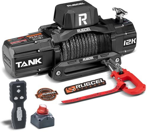 RUGCEL Argano Elettrico 12000lb/5443 kg Verricello per Camion 12 V CC con Cavo in Acciaio Φ1,0 cm x 26, m di Corda Sintetica, Passacavo,Telecomando Senza Fili e Cablato, Traino Fuoristrada SUV Jeep