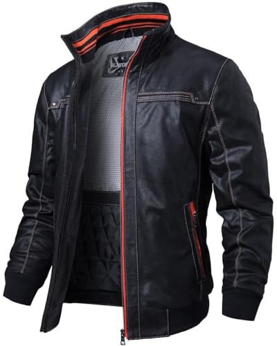 FLAVOR Herren Echtes Leder Lederjacke Stehkragen Jacken (2XL, Schwarz)