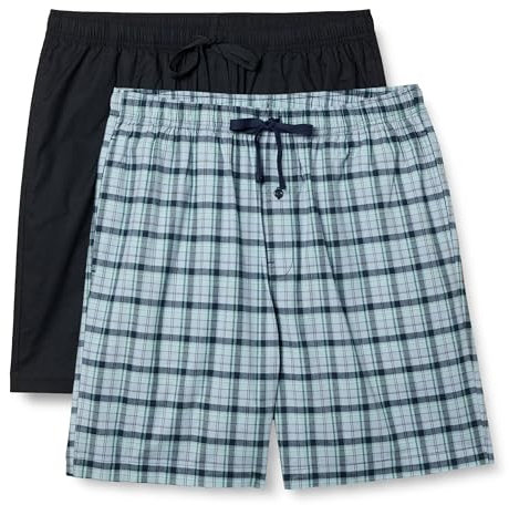 Amazon Essentials Herren Pyjama-Shorts aus Baumwoll-Stretch-Popeline, 2er-Pack, Karomuster/Schwarz, 3XL