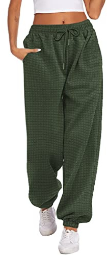 Hotouch Pantalon de jogging baggy gaufré pour femme - Pantalon long chaud et élastique - Pantalon de loisirs - Taille haute - Cordon de serrage - Pantalon de survêtement d'hiver avec poches, Vert