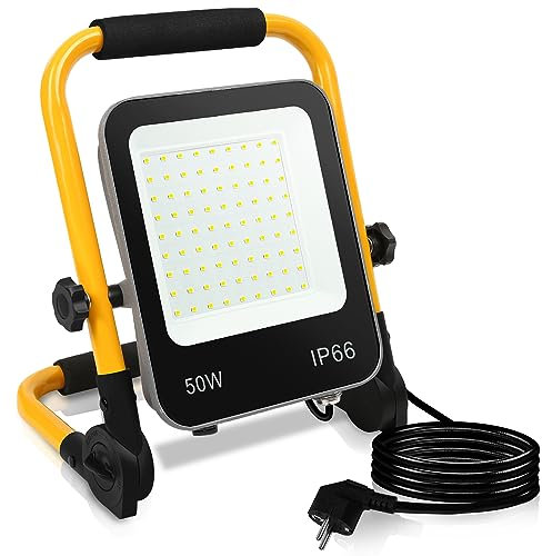 Gimisgu LED Baustrahler, 50W Arbeitsleuchte mit Faltbarer Ständer und 3M Kabel, Tragbares Flutlicht Baulampe 5100LM 6000K Kaltweiß Bauscheinwerfer, IP66 Wasserdicht für Werkstatt Baustelle