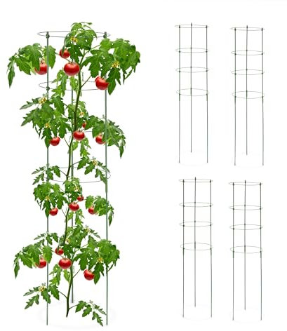 Relaxdays Sostegni Circolari per Pomodori, Set da 5, Supporti Piante Rampicanti, Alti 120 cm, 4 Anelli, Metallo, Verdi
