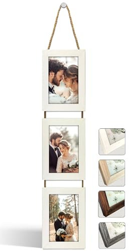 NEOWS Set Cornici Foto Multiple da Parete con Corda - Portafoto Multiplo Decorativo con Cornici in Legno - Collage Foto da Appendere al Muro- Cornici 10x15 cm (Bianco Strappato, 3 Foto Verticale)