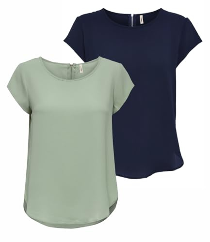 ONLY Onlvic SS AOP Noos Ptm Top, Camiseta, Blusa, Pack de 2 (1 x Desert Sage/1 x Navy Blazer), 46