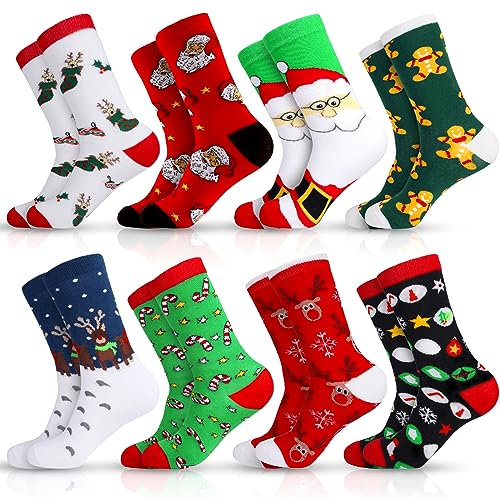 MOYKSRR 8 Paires Chaussette de Noël Femme Homme, Fantaisie Chaussettes, Chausette Noel Motif Fantaisie de Noël, Pain D'épice Renne Chaussettes Multicolores, Chaussettes Chaudes Hiver 36-43