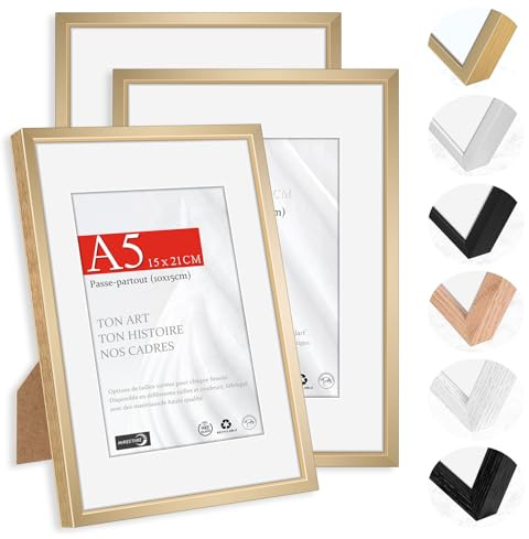 HIMEETIME® 3x Marco de Fotos A5 14.8x21cm de Aluminio Cepillado Champán Dorado Metálico | Passepartout 10x15cm，Marco Mediano 15x21 para Fotos，para Montaje en Pared o Sobremesa