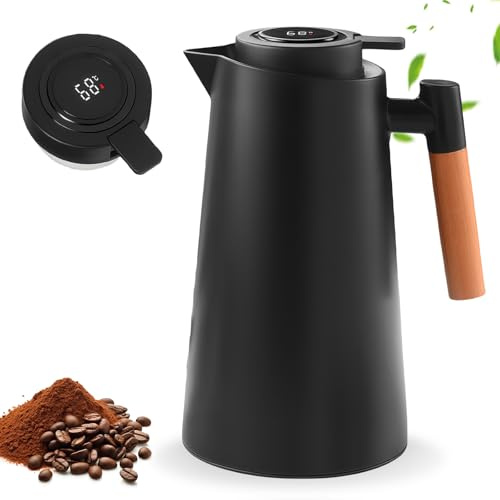 Carafe isotherme 1L Carafe isolante : Cafetière thermo avec indicateur de température, Insert en double verre Carafe isotherme en acier inoxydable, Isolation sous vide à double paroi, Pour bureau et