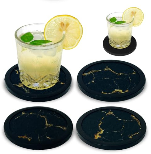 Non-Slip Silicone Coaster, Double-Sided Absorbent Cup Mats for Hot & Cold Drinks, Scratch & Water Ring Protection for Wood Tables, Home Office Bar Use (4PC black gold)