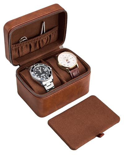ProCase Étui de Voyage pour 2 Montres, Boîte à Montres Rigide avec Doublure Douce et Fermeture Éclair, Protection Élégante et Compacte -Marron