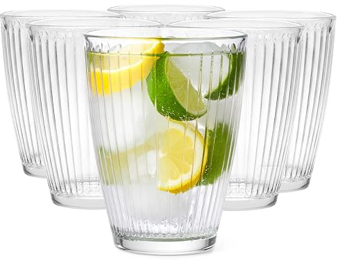Glasmark Krosno 1992 Vasos para Agua, Zumos y Cócteles 400 ml - Set de 6 Piezas - Transparentes, Acanalados - Juego de Vasos Altos para el Hogar y la Hostelería