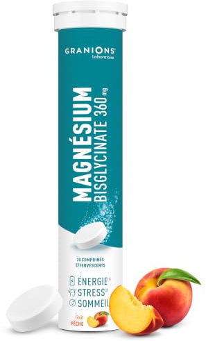 GRANIONS MAGNESIUM BISGLYCINATE 360MG - Magnesium Effervescent - Bisglycinate de Magnésium - Vitamine B - Anti Stress - Complement Alimentaire Stress – 20 comprimés effervescents - Gout Pêche