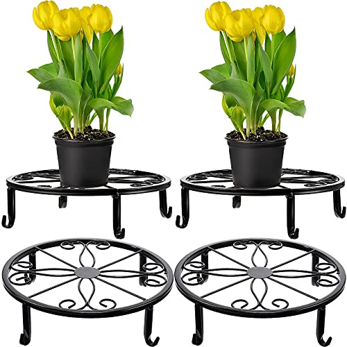 4 Soportes de Planta en Maceta de Metal Soporte de Planta de Hierro Redondo Soporte de Flores de Piso Soporte de Contenedor Decorativo de Macetas de Jardín para Hogar Patio, Negro