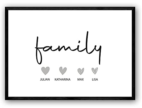 GiveSmiles Personalisiertes Geschenke Familie Poster mit Herz — Typographie Wandbild Querformat in Minimalistisches Design — Familienbild für Kinderzimmer