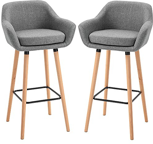 HOMCOM Set 2 Sgabelli da Bar Alti con Schienale e Poggiapiedi, Sgabelli da Cucina Stile Vintage in Tessuto con Cuscino e Gambe in Legno per Sala da Pranzo 55x48x100cm