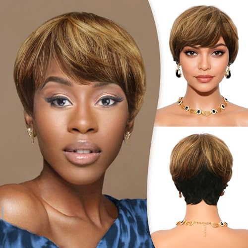 RUWISS Pixie Cortar Pelucas para Mujeres Negro Pixie Cortar Pelucas de Cabello Humano Pelucas Cortas en Capas Superior Brown&Blonde Mezcla Inferior Natural Negro Corto Pixie Pelucas de Cabello Humano