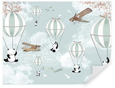 Tapeko - Carta da parati per bambini, fotomurali 260x180 cm, mongolfiera, uccelli, aerei, panda, animali, bambini fotografica murale per camera da letto, turchese u04394