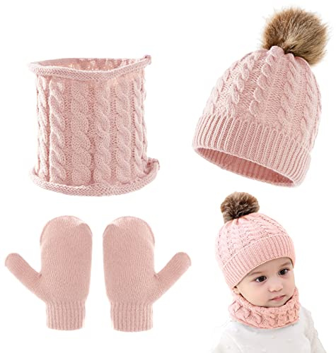3Pcs Baby Beanie Hat Scarf Gloves Set Infant Knitted Cap Winter Warm Gloves Toddler Neck Warmer for Boys Girls 0-3 Years (Light Pink)