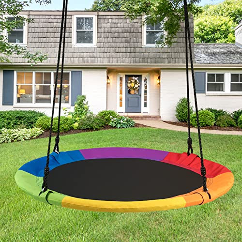 GYMAX Altalena Rotonda a Nido da Giardino, Ø 100 cm, Portata Max. 150 kg, per Bambini e Adulti, Seduta in Tessuto Oxford, Telaio in Metallo, Corde Regolabile 100-180 cm, 5 Colori (Colorato)
