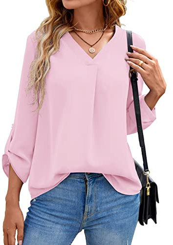 Yommay Women's Blouses Ladies Tops Elegant 3/4 Sleeve Chiffon Casual Fashion V-Neck T Shirts for Fall,Light Pink,2XL