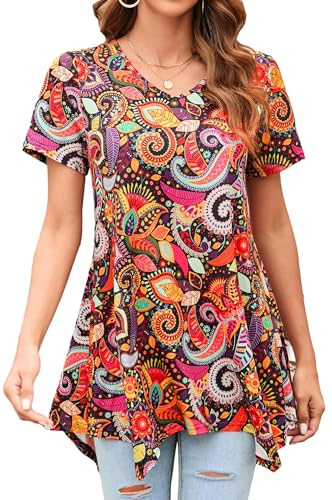 Enmain Femme Tunique Longue Ete Grande Taille Col V Chemisier à Manches Courtes Chic et élégant Tuniques à Floraux Motifs Haut Ample pour Femmes,Orange,3XL