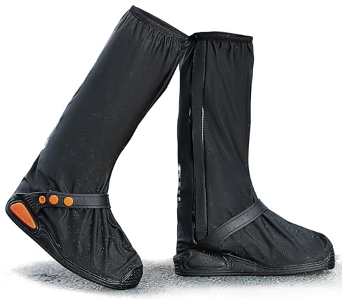 Habwea Copriscarpe Impermeabile Sovrascarpe Nero Riutilizzabile con strisce riflettenti Stivali da pioggia antiscivolo Alta protezione pioggia galosce per bicicletta moto uomini donne Schwarz, XXL