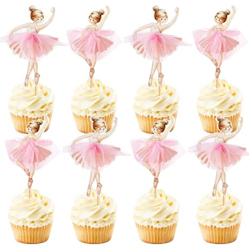 24 Pcs Pink Ballerina Tutu Cupcake Toppers Ballet Girl Cupcake Toppers Ballet Cupcake Decoration Picks for Ballerina Theme Baby Shower Birthday Party Cake Decoration Supplies
