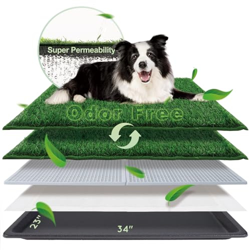 HQ4US 4LEGS Dog Grass Pad with Tray Large 34’’×23’’, Dog Litter Box with Odor Free Artificial Grass Pee Pads for Dogs Potty Tray with Hemmed Edge, Realistic for Indoor Balcony