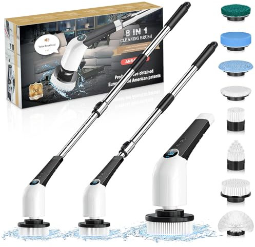 NIBSHOOM Elektrische Reinigungsbürste Haushalt,8-IN-1 Spin Scrubber mit 3 Geschwindigkeiten & LED Anzeige,137CM Verstellbarer Putzbürste Elektrisch,Elektrische Bürste Zum Putzen Bad Fliesenboden Küche