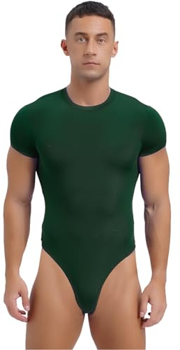 FEESHOW Mens Short Sleeve Mankini Bodysuit High Cut Thongs Leotard Tops Workout Rompers Undershirts Green XXL