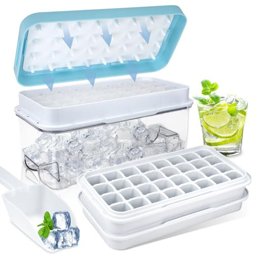 Bac a Glacon, Glacons Moule avec Couvercle et Réceptacle, Libère Tous Les Glaçons en Une Seconde, Double Couche Moule a Glacon avec Cuillère, 64 Bacs à Glaçons pour Nourriture Bébé, Boisson (Bleu)
