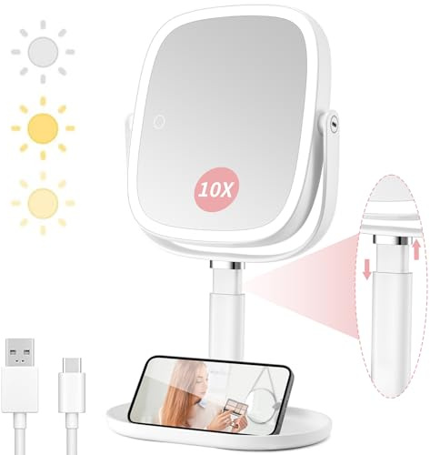 Vanexiss Espejo de maquillaje de aumento con luz, espejo de tocador grande 1X/10X, 3 modos de iluminación de color recargable, soporte ajustable, rotación de 360° y espejo de escritorio desmontable