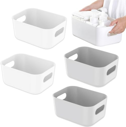 WZHHDM 4PCS Plastic Storage Baskets with Handle, 21×14×7 cm Kitchen Cupboard Organiser, Cupboard Storage Organiser for Bathroom Kitchen Fridge Cupboard Office(White/Gray)
