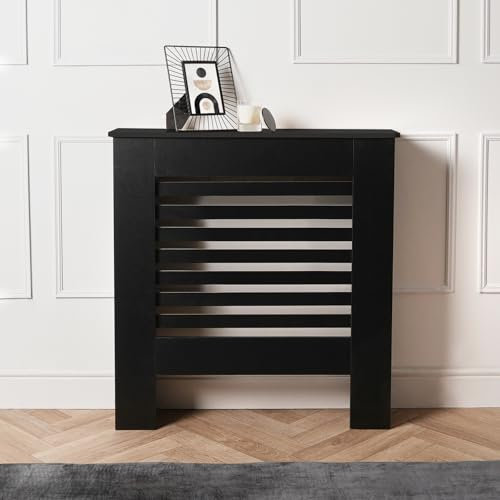 OHS Small Radiator Cover Black, Stylish Wooden Frame Slatted Design Decorative Top Shelf Small Radiator Cover MDF Cabinet For Living Room Bedroom or Hallway