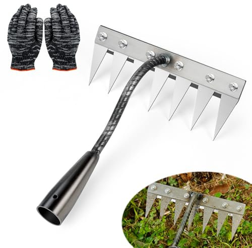 Rateau Jardin, Râteau De Désherbage avec des Gants, Rateau De Jardin en Acier Au Carbone, 5/6/7/8 Teeth Outils De Râteau à Main, Outil Jardinage pour Désherbage Ameublissement du Sol Semis (7 Dents)