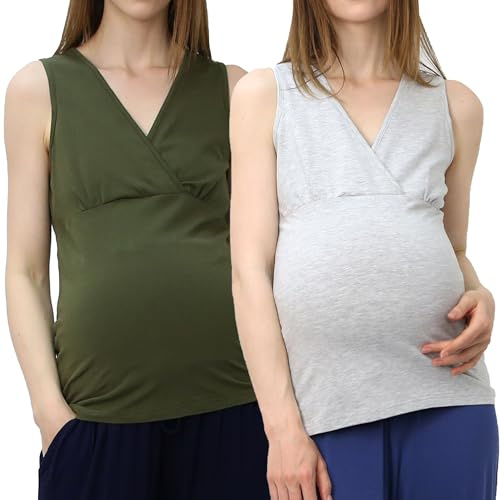 OCCIENTEC Moderskap linne i bomull set med 2 amningslinne graviditet ärmlös T-shirt för kvinnor, Gröngrå, S