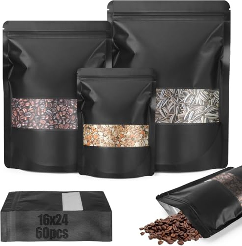 TXXATX 60 sacchetti in Mylar da 16 x 24 cm, richiudibili, a prova di odore, con finestra, colore nero, termosaldabili, sacchetti con chiusura lampo, sacchetti per imballaggio per noci, caffè, chicchi