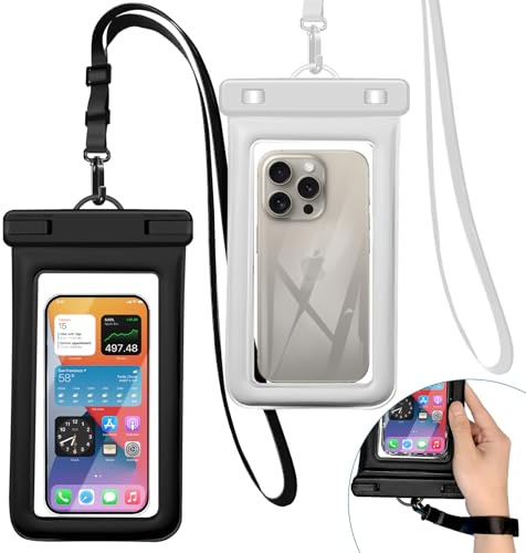 seahelio IPX8 Floating Waterproof Phone Pouch (2-Pack) 7.2 Inch waterproof pouch for iPhone16/15/14 Pro Max Galaxy S24/S23 Adjustable Lanyard + wrist strap Beach Swimming Travel Essentials Black white