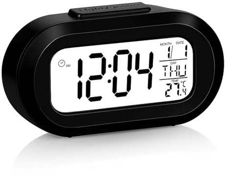 ZYCEHO Digital Alarm Clock, Alarm Clocks Bedside, Small Digital Clock with Smart Night Light, 12/24H & Temperature Display, Snooze Function, Battery Operated for Travelers and Kids (Black)