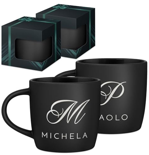 Maverton Set di 2 Tazze Colazione - Due Tazze Personalizzate in Ceramica Nere Opache - Tazzine Caffe per Coppia con Dedica Incisa - Idee Regalo Fidanzato Anniversario Genitori