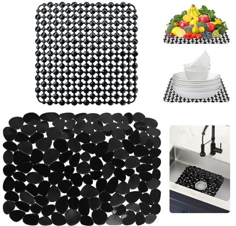 2 Pezzi Tappetino Lavandino Cucina, Tappetino Per Lavello Cucina 40 x 30 cm & 28 x 28 cm, Lavello a Forma di Ciottolo, Tagliabile, in PVC, per Piatti, Bicchieri, Verdure, Evitare Graffi nel Lavellos
