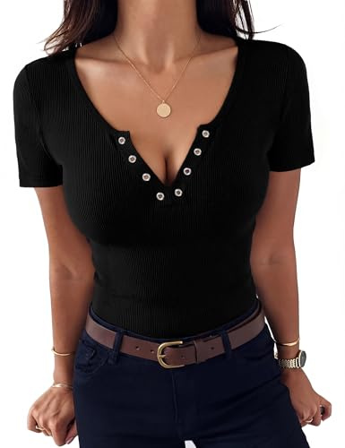 Aottori T-Shirt Femme Manches Courtes Col en V Haut Côtelé Été Boutonné | Doux et léger, boutons au col, maille côtelée extensible, tenue ajustée, adapté au quotidien et aux sorties
