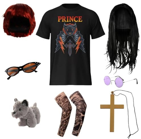 Adults Osbourne Couples Costume - Black Graphic T-Shirt, Black Wig, Round Glasses, Gold Cross, Tattoo Sleeves, Red Wig, Sunglasses, Toy Dog - Adults Music TV Celebrity Fancy Dress Costume