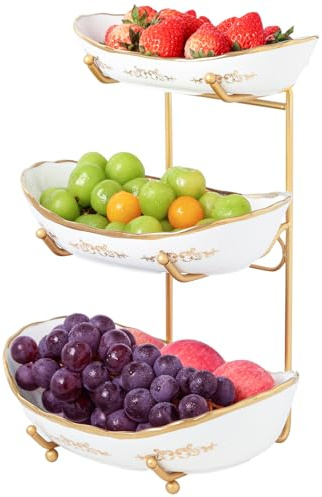 DUJUST Scodella per Frutta a 3 Ripiani, Portafrutta in Ceramica Lusso con Volute Dorate, Impilabile & Facile da Conservare, Vassoio Multifunzione per Frutta/Verdure/Snack - Bianco e Oro