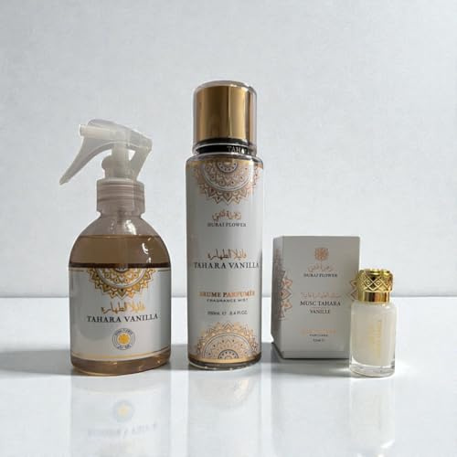 Pack 3 Produits Tahara Vanille – Spray d’intérieur, Brume Corporelle & Cheveux, nouveau Musc Tahara – Parfum Oriental Vanille