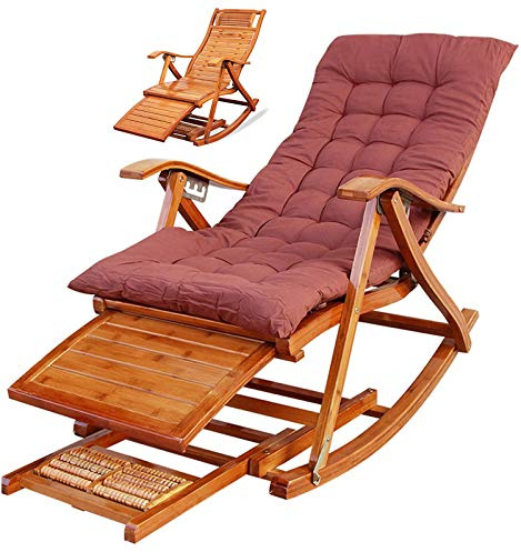 JKSVTF Folding Recliner Outdoor Chair Adjustable Bamboo Rocking Chair, with Foot Massage Wheel and Cushions, for Gardens Swimming Pools Balcony Sun Lounger, Load 180kg